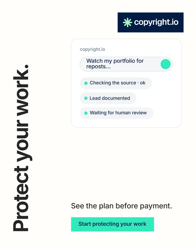 Instagram portrait post for copyright.io: "Protect your work." Swiss style, vertical layout, light palette in white, grey.