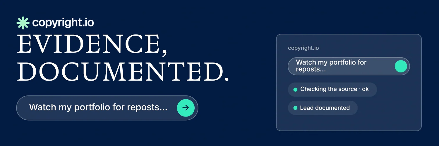X header for copyright.io: "Evidence, documented." Agentic glass style, skeleton layout, dark palette in blue.