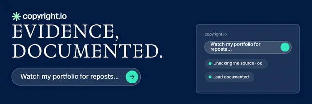 X header for copyright.io: "Evidence, documented." Agentic glass style, skeleton layout, dark palette in blue.