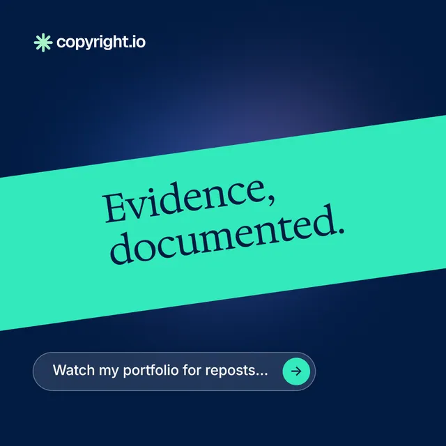 Instagram post for copyright.io: "Evidence, documented." Agentic glass style, diagonal layout, dark palette in teal, blue.