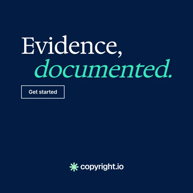 Instagram post for copyright.io: "Evidence, documented." Editorial style, stacked layout, dark palette in blue.
