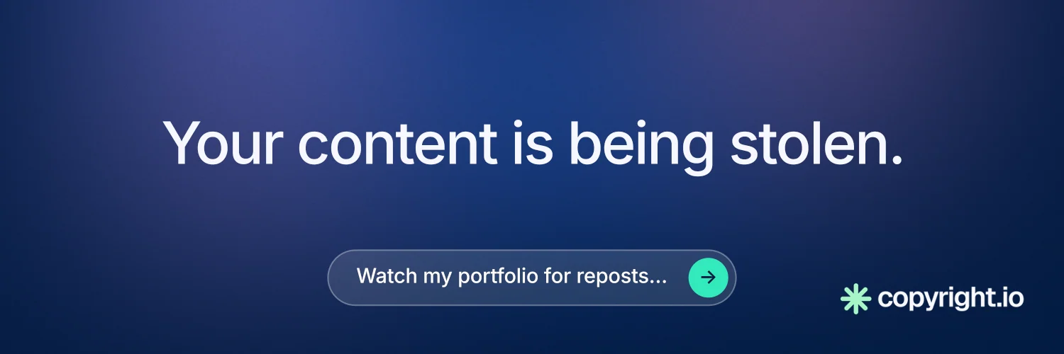 X header for copyright.io: "Your content is being stolen." Agentic glass style, centred layout, dark palette in blue.