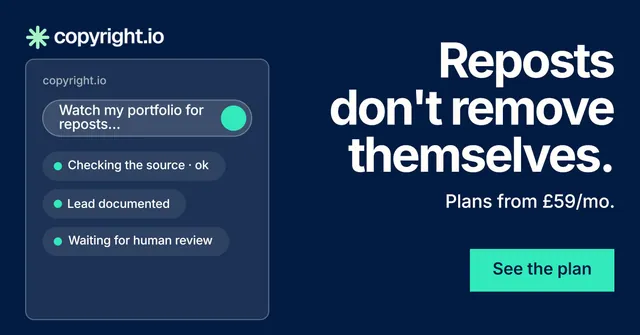 Social ad for copyright.io: "Reposts don't remove themselves." Swiss style, right layout, dark palette in blue.
