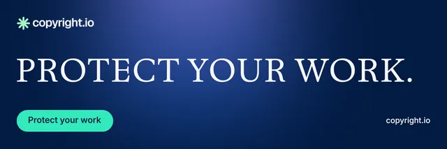 X header for copyright.io: "Protect your work." Y2K style, poster layout, dark palette in blue.