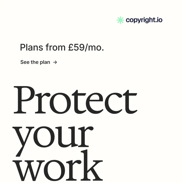 Instagram post for copyright.io: "Your content is being stolen." Minimal luxury style, oversized layout, light palette in white, grey.