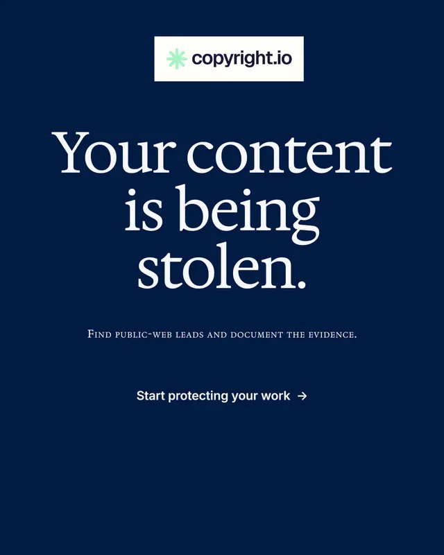 Instagram portrait post for copyright.io: "Your content is being stolen." Editorial style, smallcaps layout, dark palette in blue.
