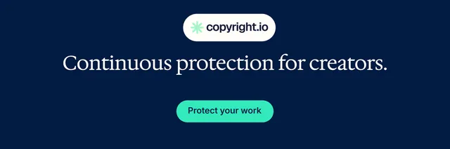X header for copyright.io: "Continuous protection for creators." Y2K style, centred layout, dark palette in blue, teal.