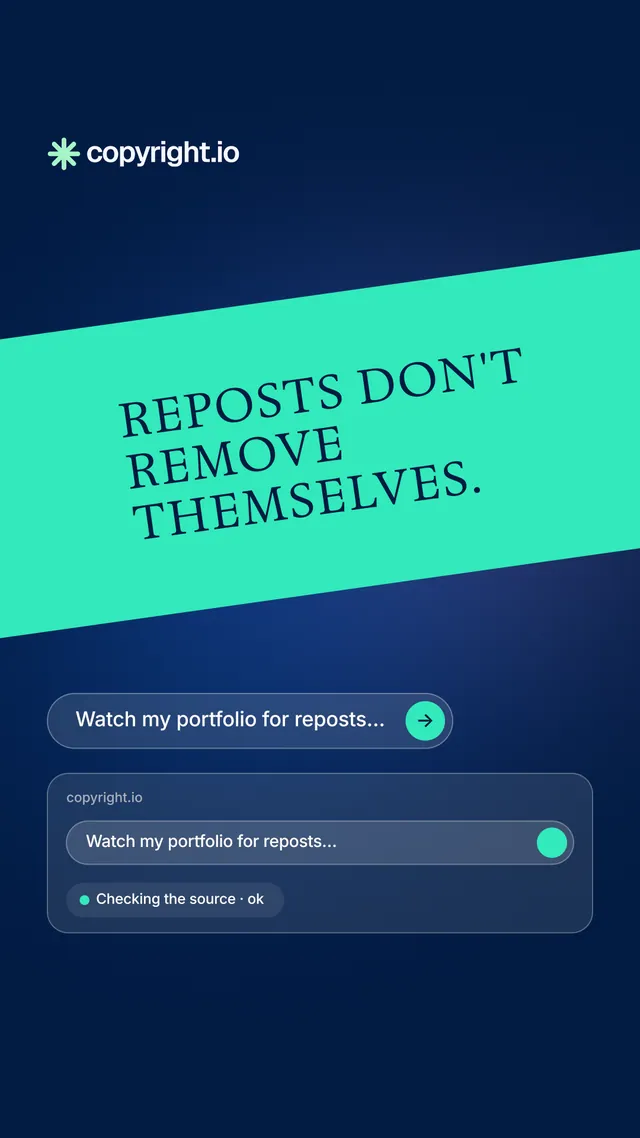 Instagram story for copyright.io: "Reposts don't remove themselves." Agentic glass style, diagonal layout, dark palette in teal, blue.