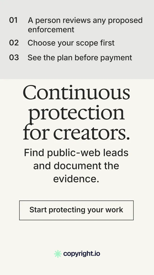 Instagram story for copyright.io: "Continuous protection for creators." Editorial style, skeleton layout, light palette in white, grey.