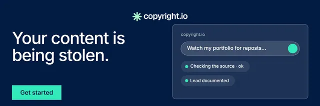 X header for copyright.io: "Your content is being stolen." Swiss style, bottom layout, dark palette in blue.
