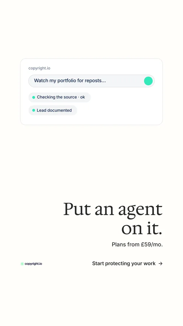 Instagram story for copyright.io: "Put an agent on it." Minimal luxury style, right layout, light palette in white.