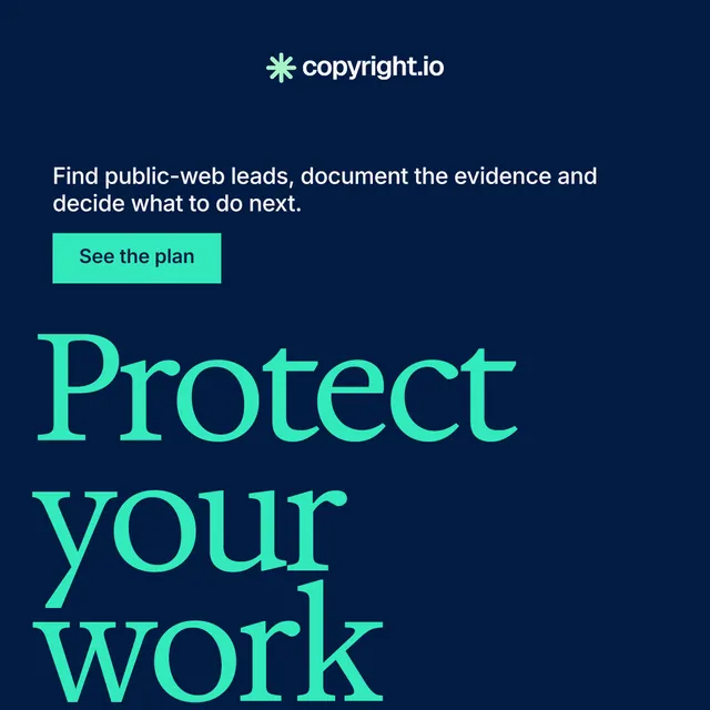 Instagram post for copyright.io: "Reposts don't remove themselves." Split block style, oversized layout, dark palette in blue, teal.