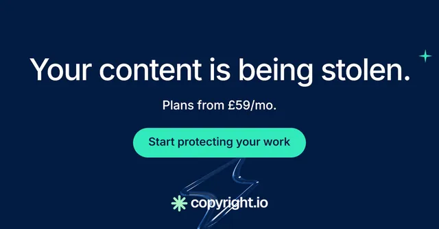 Social ad for copyright.io: "Your content is being stolen." Y2K style, skeleton layout, dark palette in blue, teal.