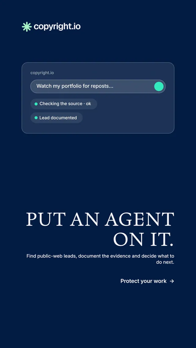 Instagram story for copyright.io: "Put an agent on it." Minimal luxury style, right layout, dark palette in blue.