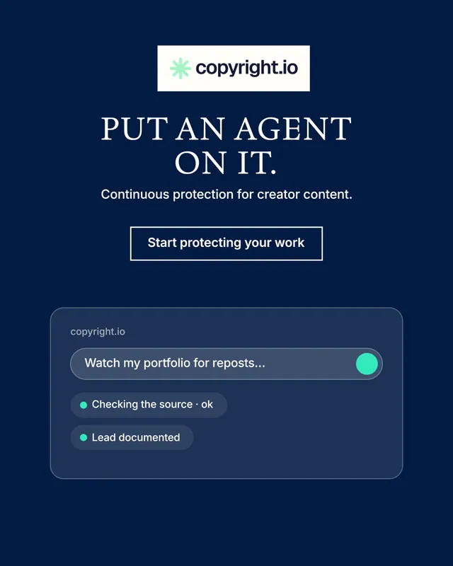 Instagram portrait post for copyright.io: "Put an agent on it." Editorial style, centred layout, dark palette in blue.