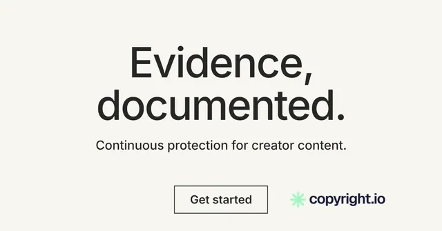 Social ad for copyright.io: "Evidence, documented." Editorial style, centred layout, light palette in white, grey.