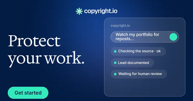 Social ad for copyright.io: "Protect your work." Y2K style, bottom layout, dark palette in blue.