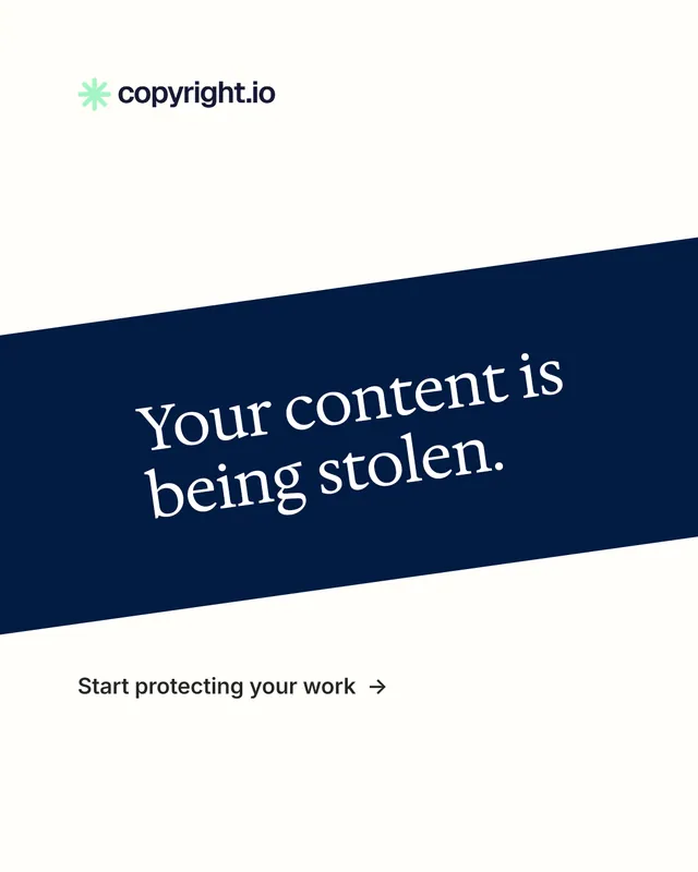 Instagram portrait post for copyright.io: "Your content is being stolen." Minimal luxury style, diagonal layout, light palette in white, blue.