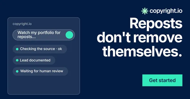 Social ad for copyright.io: "Reposts don't remove themselves." Swiss style, right layout, dark palette in blue.