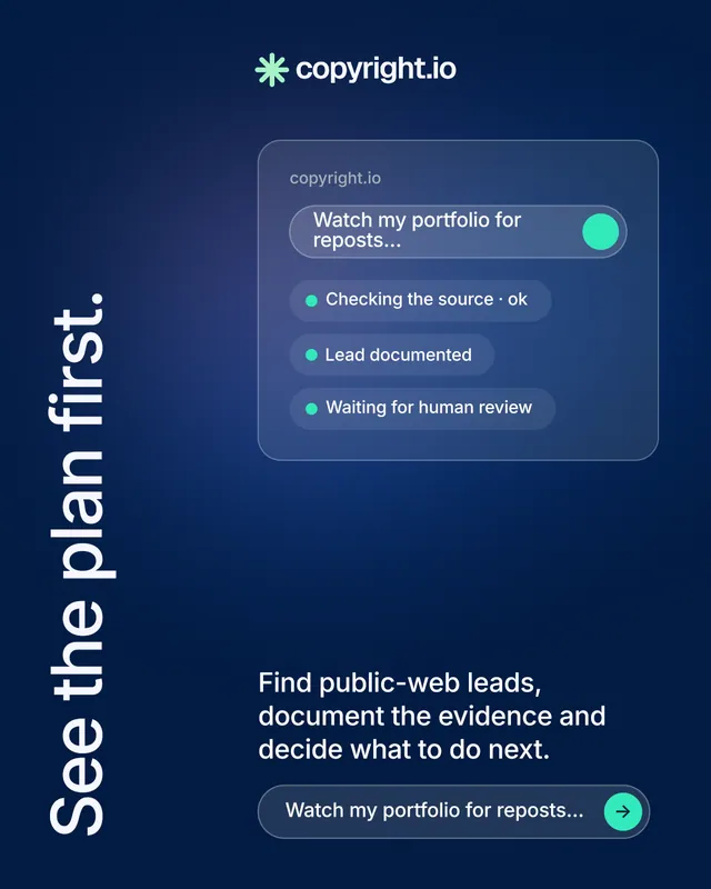 Instagram portrait post for copyright.io: "See the plan first." Agentic glass style, vertical layout, dark palette in blue.