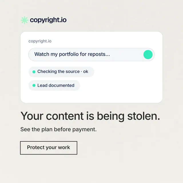 Instagram post for copyright.io: "Your content is being stolen." Editorial style, bottom layout, light palette in white.