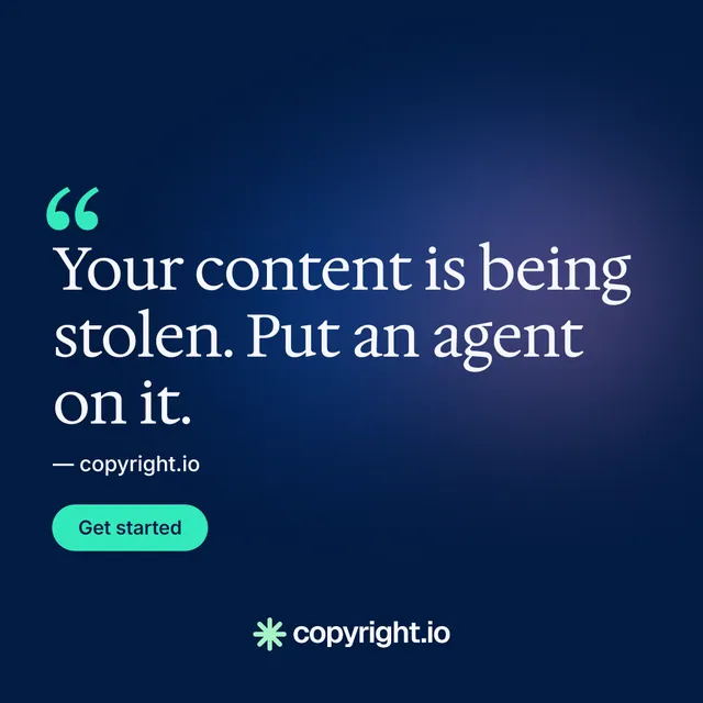 Instagram post for copyright.io: "Evidence, documented." Y2K style, quote layout, dark palette in blue.