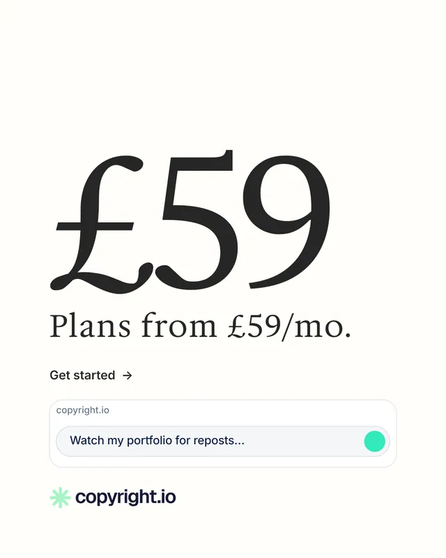 Instagram portrait post for copyright.io: "Protect your work." Minimal luxury style, stat layout, light palette in white, grey.