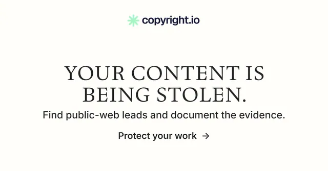 Social ad for copyright.io: "Your content is being stolen." Minimal luxury style, skeleton layout, light palette in white.
