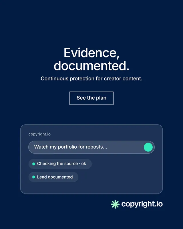 Instagram portrait post for copyright.io: "Evidence, documented." Editorial style, centred layout, dark palette in blue.