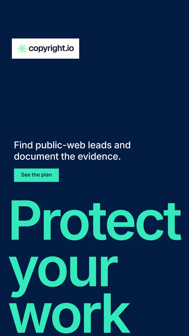 Instagram story for copyright.io: "Reposts don't remove themselves." Swiss style, oversized layout, dark palette in blue, teal.