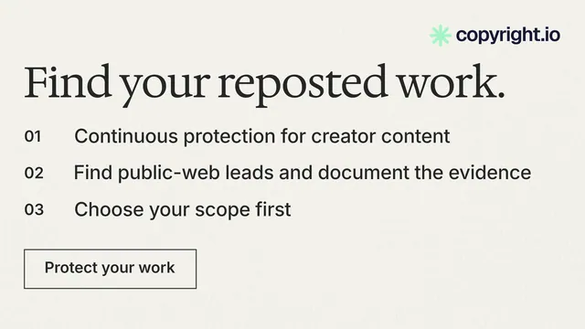 Landscape graphic for copyright.io: "Find your reposted work." Editorial style, numbered layout, light palette in white, grey.