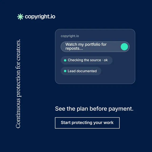 Instagram post for copyright.io: "Continuous protection for creators." Editorial style, vertical layout, dark palette in blue.