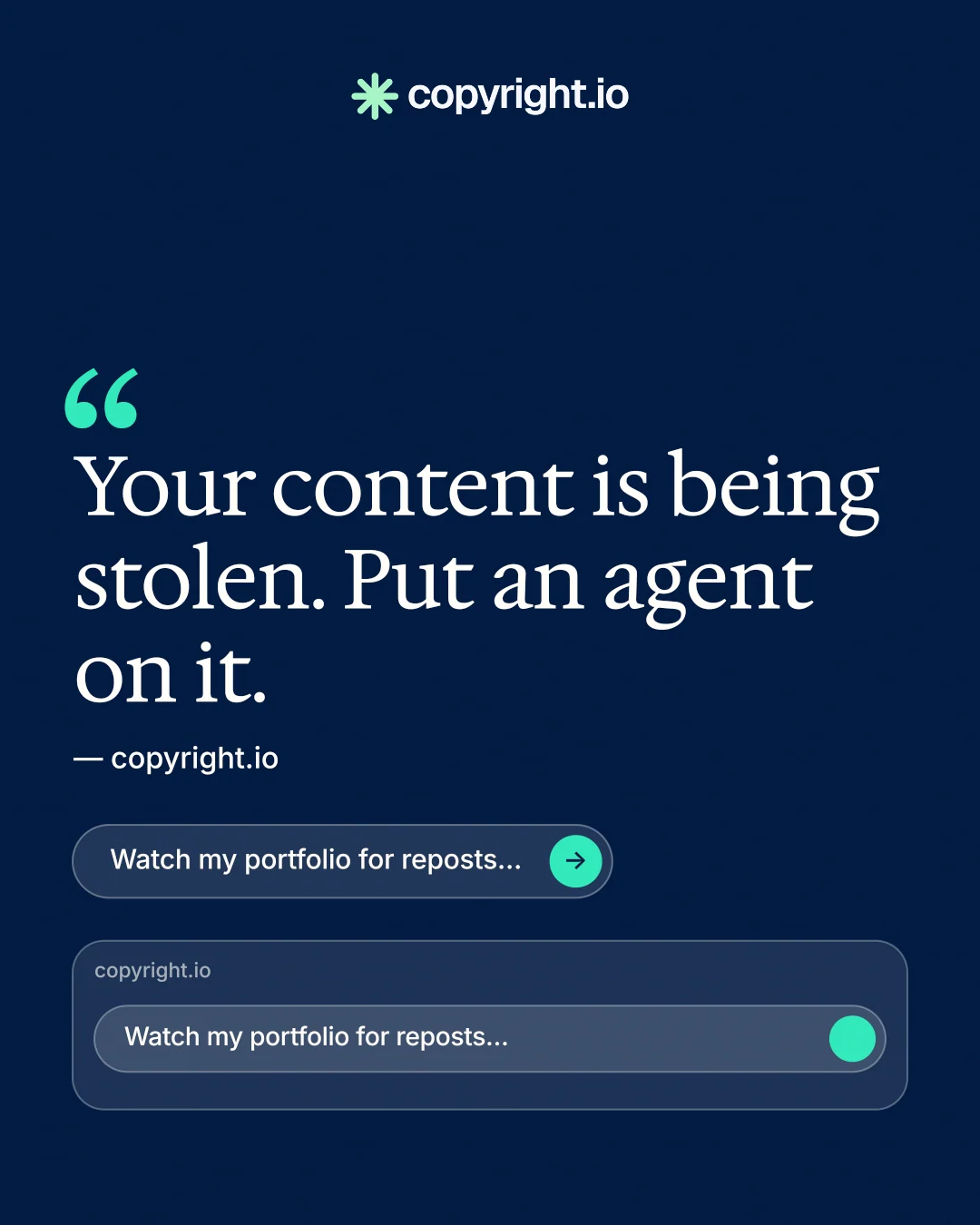 Instagram portrait post for copyright.io: "Reposts don't remove themselves." Agentic glass style, quote layout, dark palette in blue.