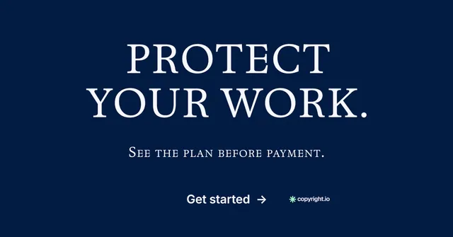 Social ad for copyright.io: "Protect your work." Split block style, smallcaps layout, dark palette in blue.