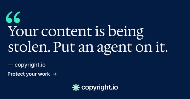Social ad for copyright.io: "Continuous protection for creators." Minimal luxury style, quote layout, dark palette in blue.