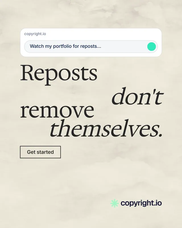 Instagram portrait post for copyright.io: "Reposts don't remove themselves." Editorial style, stacked layout, light palette in yellow, grey, white.