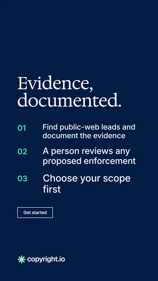 Instagram story for copyright.io: "Evidence, documented." Editorial style, numbered layout, dark palette in blue.
