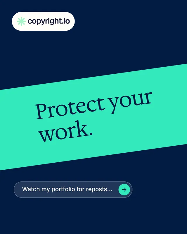 Instagram portrait post for copyright.io: "Protect your work." Agentic glass style, diagonal layout, dark palette in blue, teal.
