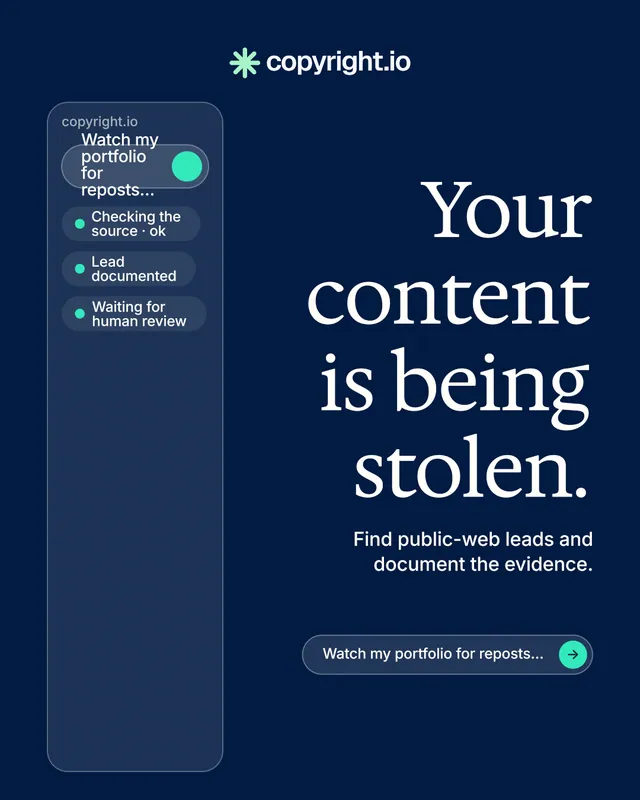 Instagram portrait post for copyright.io: "Your content is being stolen." Agentic glass style, right layout, dark palette in blue.