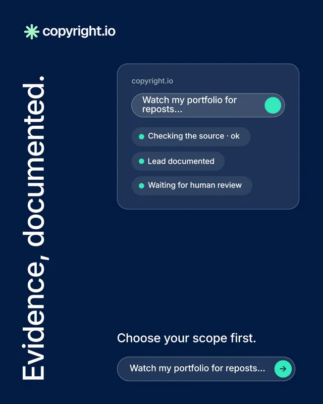 Instagram portrait post for copyright.io: "Evidence, documented." Agentic glass style, vertical layout, dark palette in blue.
