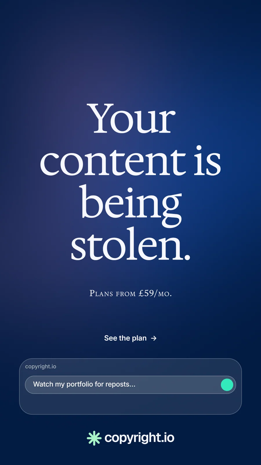 Instagram story for copyright.io: "Your content is being stolen." Y2K style, smallcaps layout, dark palette in blue.