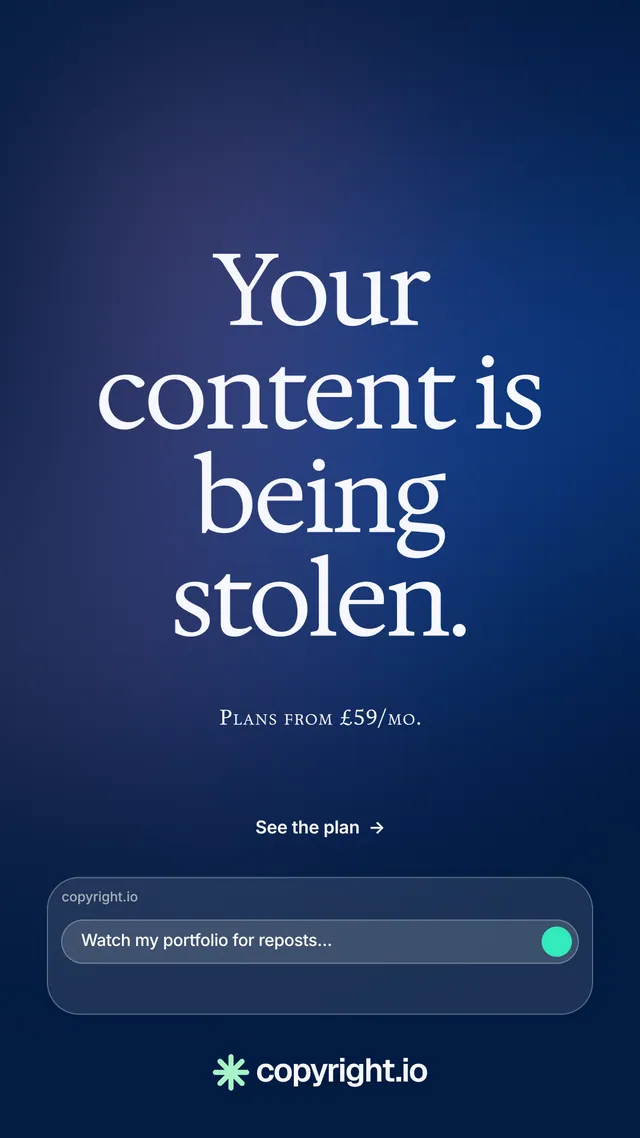 Instagram story for copyright.io: "Your content is being stolen." Y2K style, smallcaps layout, dark palette in blue.