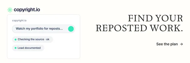 X header for copyright.io: "Find your reposted work." Minimal luxury style, right layout, light palette in white.