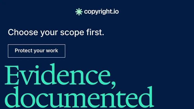 Landscape graphic for copyright.io: "Continuous protection for creators." Editorial style, oversized layout, dark palette in blue, teal.