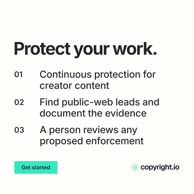 Instagram post for copyright.io: "Protect your work." Swiss style, numbered layout, light palette in white, grey.