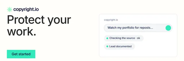 X header for copyright.io: "Protect your work." Swiss style, bottom layout, light palette in white, teal.