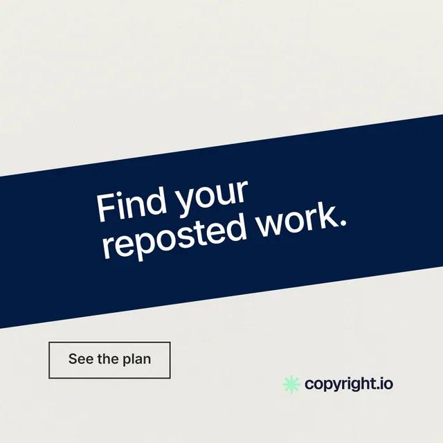 Instagram post for copyright.io: "Find your reposted work." Editorial style, diagonal layout, light palette in white, blue, grey.