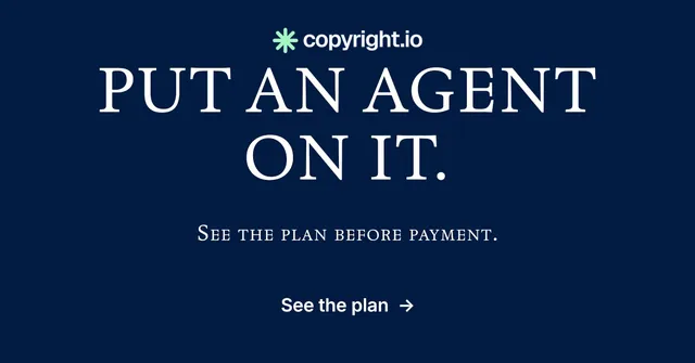 Social ad for copyright.io: "Put an agent on it." Y2K style, smallcaps layout, dark palette in blue.