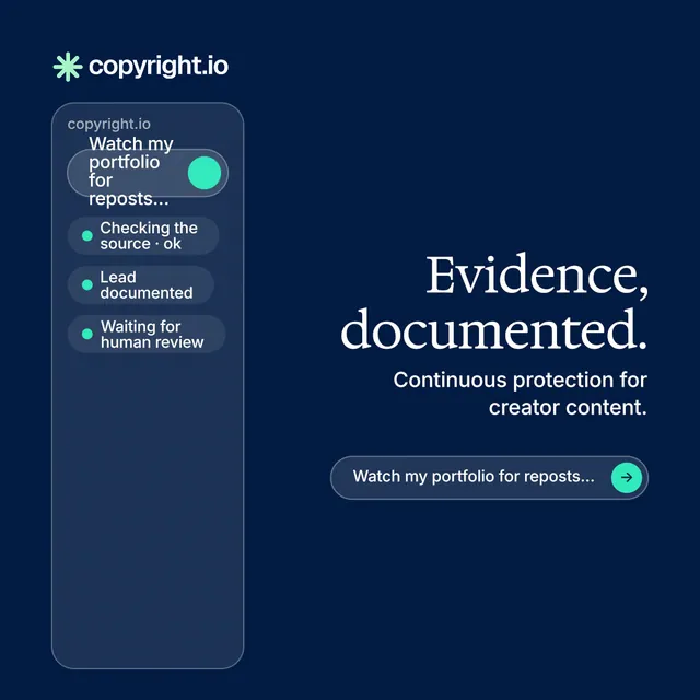 Instagram post for copyright.io: "Evidence, documented." Agentic glass style, right layout, dark palette in blue.