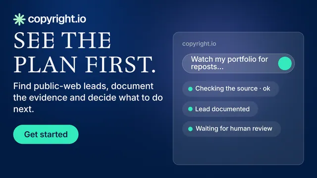 Landscape graphic for copyright.io: "See the plan first." Agentic glass style, skeleton layout, dark palette in blue.
